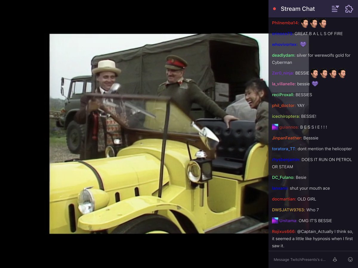 WhoHats's tweet photo. #Bessie love!
#Battlefield on #DoctorWhoOnTwitch reactions. #DoctorWho #UNIT #AbsoluteUNIT #TheBrigadier #Brigadier #TheTwoBrigadiers #BOOM #Merlin #WhoHats #Who7 https://t.co/7g2TvWCDyl