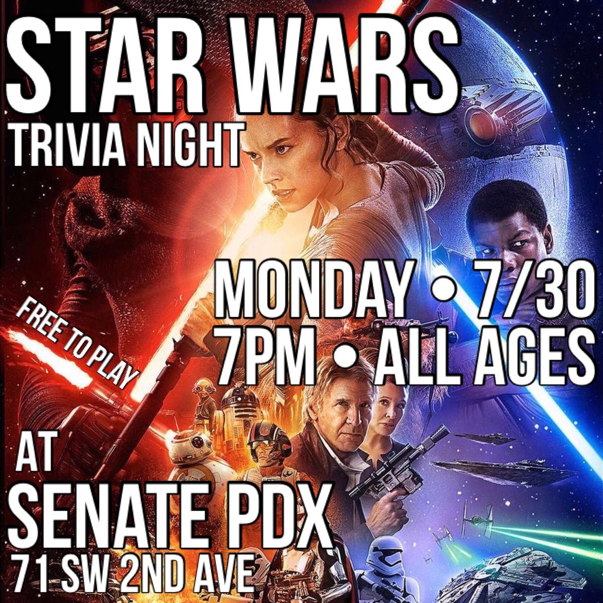 Star Wars is back! Join us on Monday, July 30th for test of your Star Wars knowledge & creativity at Senate in downtown Portland. Don’t forget to dress up for extra chances to win!
#StarWars #SenatePDX #DowntownPortland #PDX #Portland #Stumptown #PNW #Beaverton #Trivia