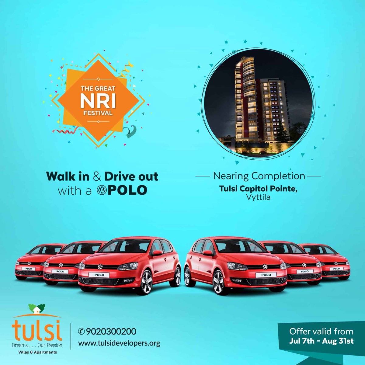 TulsiDevelopers's tweet photo. This season, invest the best for your family. Tulsi Developers is presenting the most awaited property fest!
Book your dream Apartment & get 𝗩𝗼𝗹𝗸𝘀𝘄𝗮𝗴𝗲𝗻 𝗣𝗼𝗹𝗼.
Book Now: https://t.co/1fmKvIQnWq
#NRIFest #PoloCar #PropertyFest #Villas #Apartments #Cochin #Kochi https://t.co/6DHBY4f1md