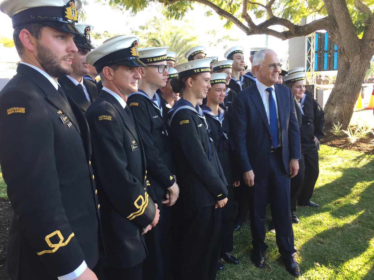 darrencurtis_'s tweet photo. Prime Minister with navy cadets &amp; officers at the opening of a new WW1 memorial at Maryborough, significant acknowledgement for QLD ANZACS ⁦@9NewsQueensland⁩ https://t.co/PwNLvcaeIh