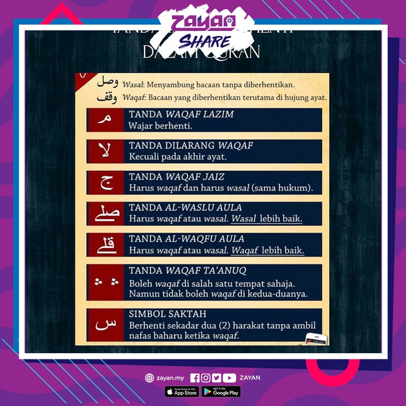 Zayan Ø¹Ù„Ù‰ ØªÙˆÙŠØªØ± Tanda Tanda Berhenti Di Dalam Al Quran Zayanshare Indahdihati Https T Co Fbb6autubx ØªÙˆÙŠØªØ±