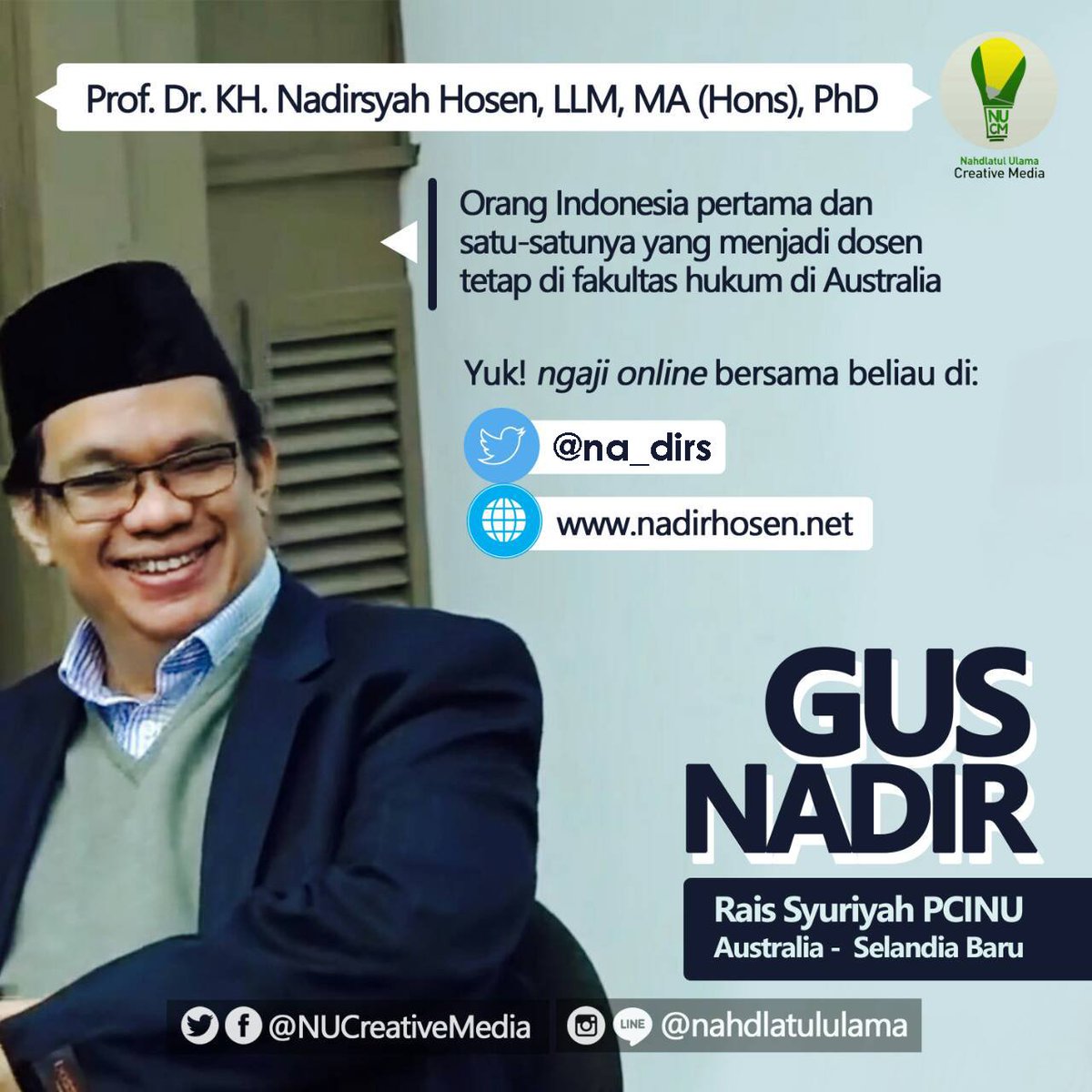 NUCreativeMedia's tweet photo. NU bangga memiliki sosok seperti mu Gus @na_dirs. Beliau adalah Rais Syuriah PCINU Australia dan Selandia baru, selain itu beliau juga seorang dosen tetap di Monash University, Australia. Yuk ngaji dengan beliau!

#NU #PCINU #AUS #NZ #Monash #NahdlatulUlama #NUmendunia https://t.co/g6gbkr9CLD