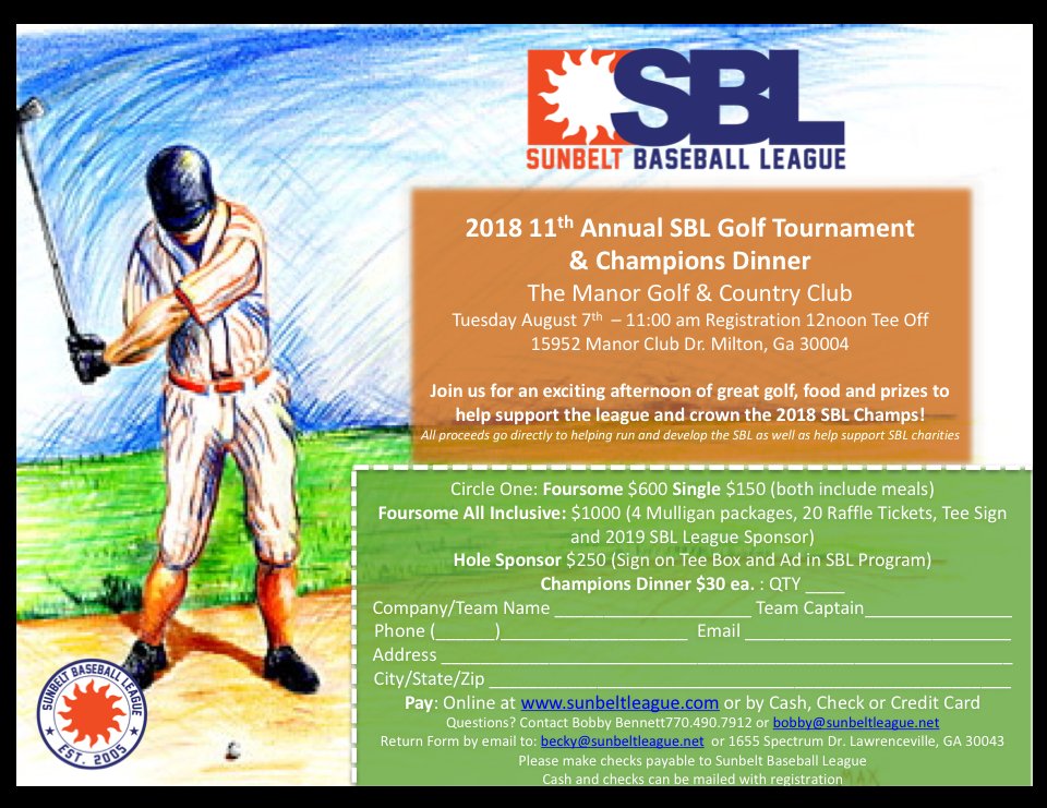 SunbeltBaseball's tweet photo. Please join us for our 11th Annual Golf Tournament &amp; Champions Dinner on August 7th. https://t.co/BRQhFUn4ne https://t.co/vW1V3Vpt3X