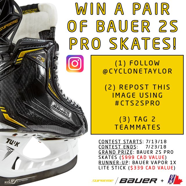 cyclonetaylor's tweet photo. 3 DAYS remaining in our #Supreme2SPro #contest (ends Monday)! It's the weekend, so get your RETWEETS in (make sure you're followin' @cyclonetaylor).
2 lucky winners will WIN either a pair of #2SPro Skates ($999) OR a Vapor #1XLite Stick ($339). CLICK ---> https://t.co/pYJnZcCvO6 https://t.co/IFmUcwT1t9