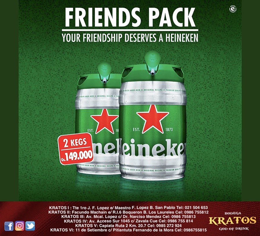 Your friendship deserves a Heineken. ¡Disfrutá del Friends Pack, 2 kegs de 5L a Gs. 149.000 ! #OpenYourWorld