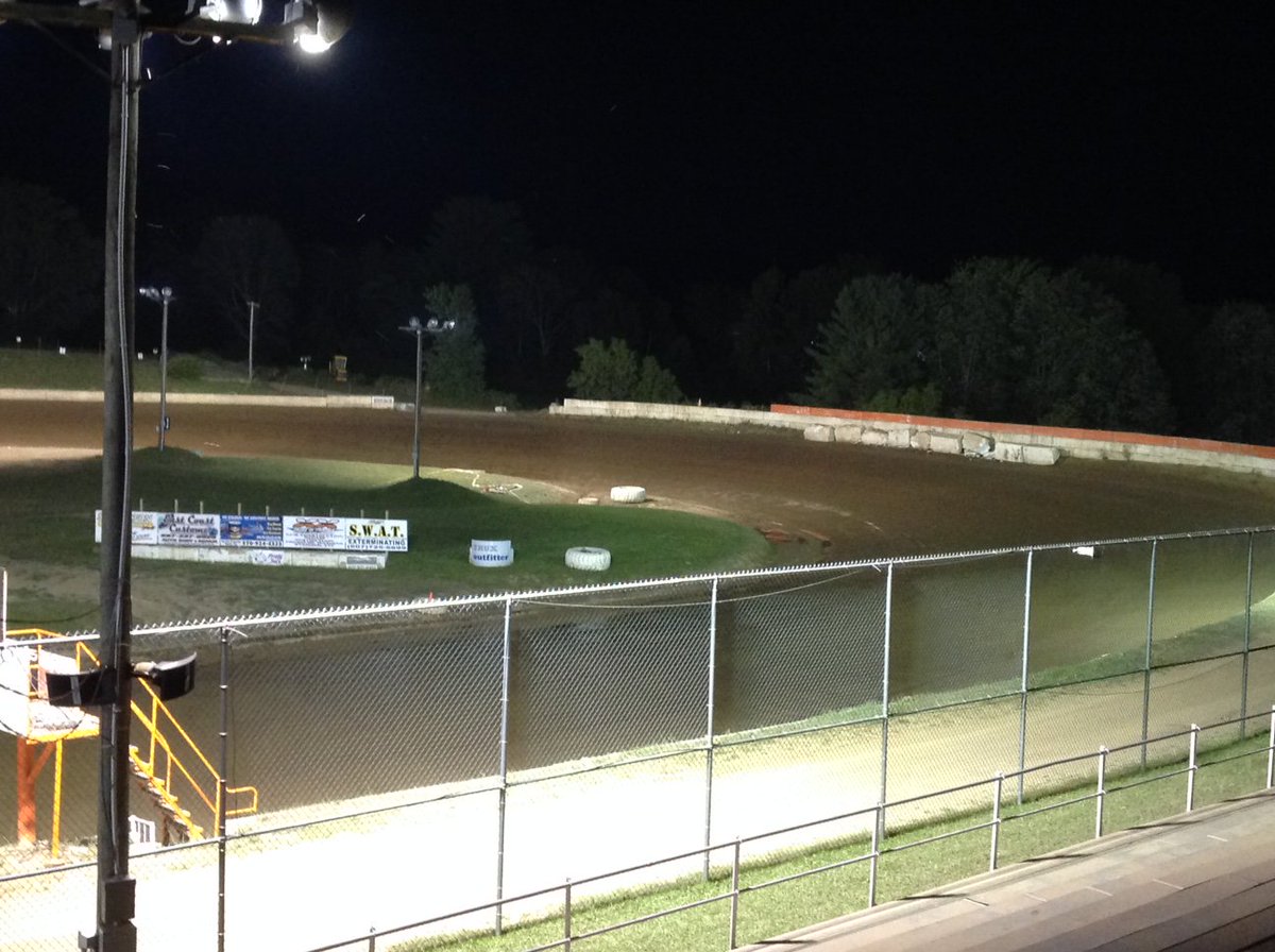 5MilePtSpeedway's tweet photo. Watering under the lights on Friday evening preparing for a big Saturday night of racing at Five Mile Point Speedway.  @FiveMilePoint - racing begins at 6:30 p.m. on Saturday - 607-775-5555. https://t.co/vm3ojzJ5R7