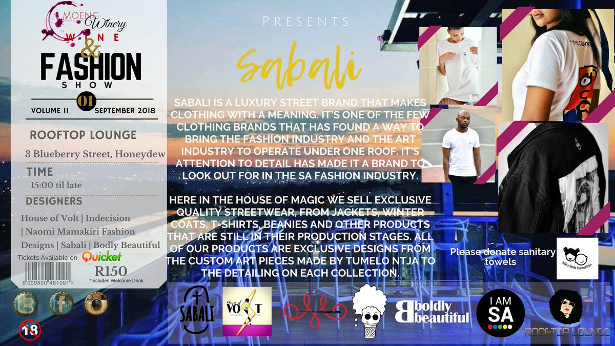 MoengWinery's tweet photo. #WF2018: We are excited to be hosting #Sabali at our Wine &amp; Fashion Show hosted at @soulcafe_sa on the 1st Sept '18

cc @IAMSASFF @TumeloNtja @ArtsCultureSA @ArtizenofJoburg @MelodyMiyaVibe @METROFMSA #WineFashion18 https://t.co/In3djBsAsW