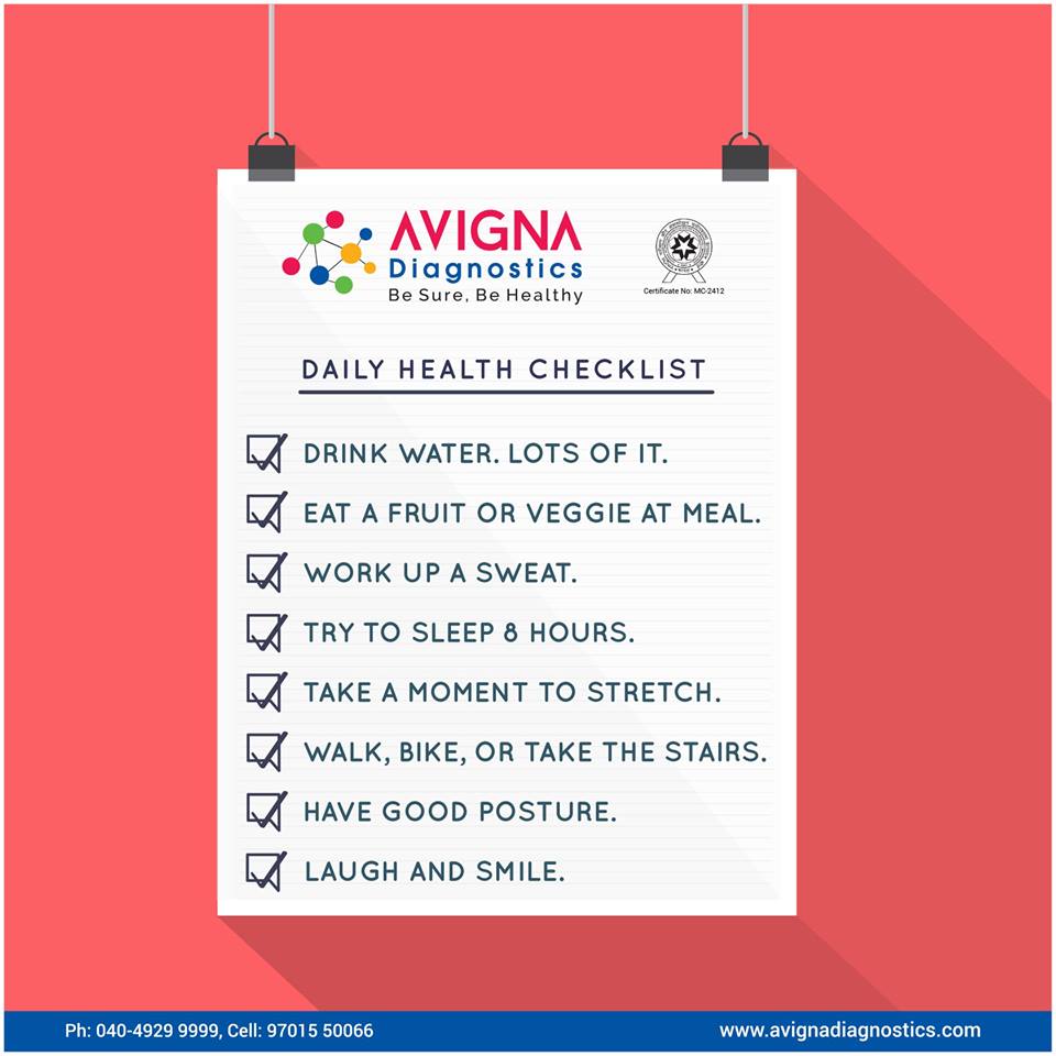 AvgDiagnostics's tweet image. Daily #HealthChecklist :
☛ #DrinkWater Lots of It.
☛ Eat a #Fruit or #Veggie at Every meal.
☛ Work up a sweat.
☛ Try to sleep 8 Hours.
☛ Take A Moment to Stretch.
☛ Walk, Bike, or Take The Stairs.
☛ Have Good Posture.
☛ Laugh and Smile.
#Health #DailyHealthChecklist