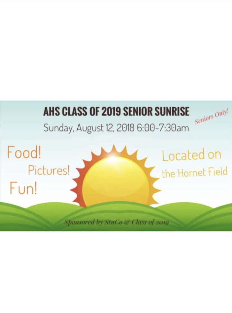 azlestucrew's tweet photo. Attention all seniors !!!!! Sunday,August 12 AHS StuCo is hosting senior sunrise with many fun games and breakfast! 6-7:30am on AHS football field https://t.co/HGhfK8F18i