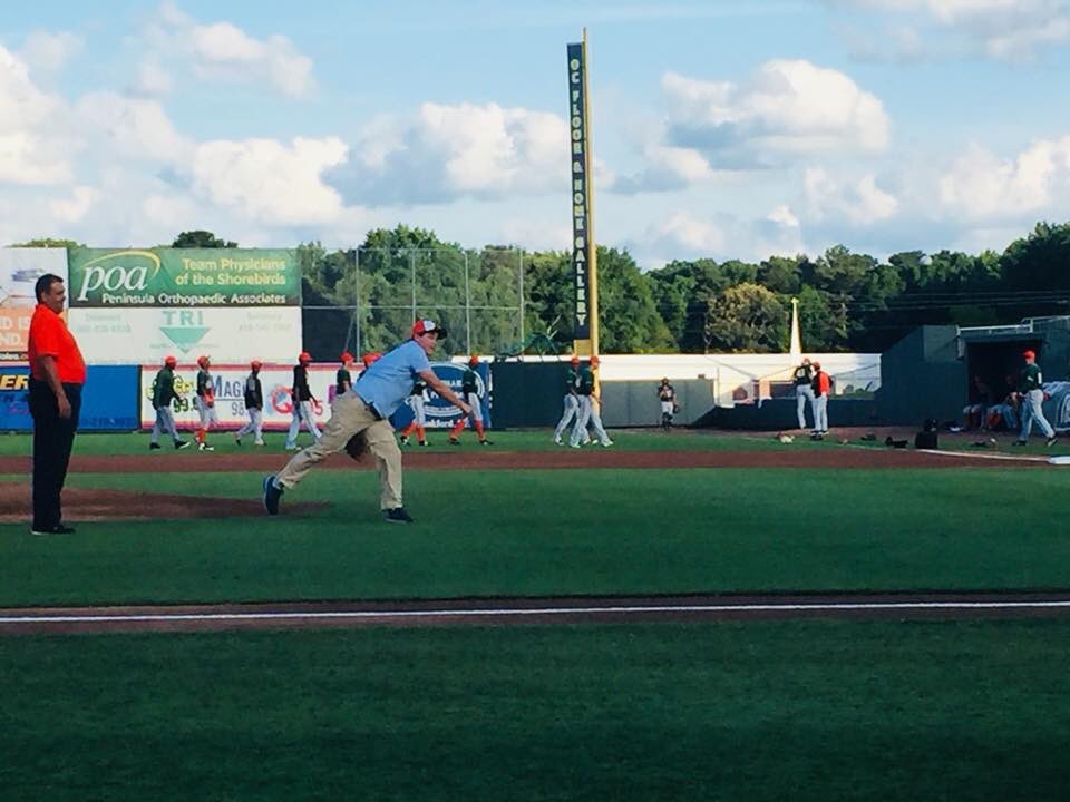 jwhatf's tweet photo. Me and my boy throwing out the first pitch at the Delmarva Shorebirds game tonight w/ @mikeseidel from the Weather Channel https://t.co/2FZJYzKw38