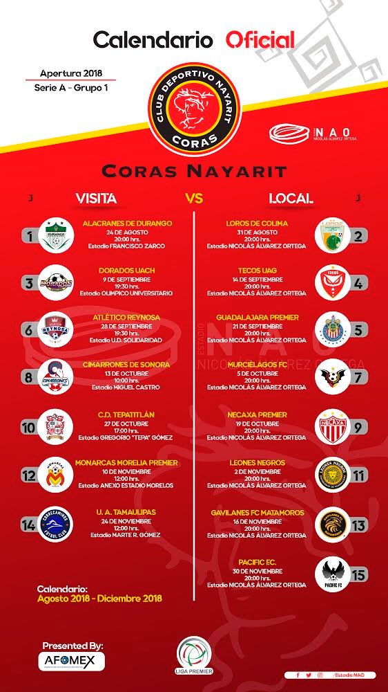 EstadioNAO's tweet photo. ¿YA ESTÁS LISTO?

🗓️ CALENDARIO OFICIAL de @CorasNayarit para el primer semestre del torneo. https://t.co/vow1Y1ZCI4