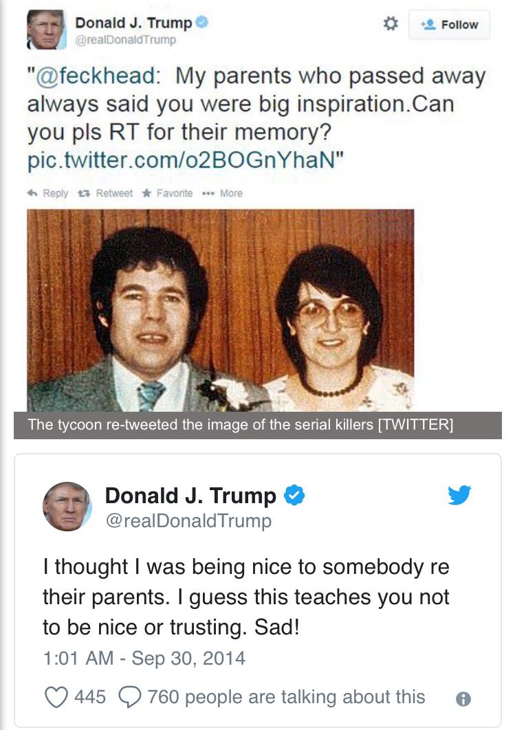 MyMuses's tweet photo. @MyFavMurder apropos of this week's Ep featuring the monsters Fred &amp; Rose West I thought you might get a kick out of this 2014 prank on @realDonaldTrump https://t.co/W2n9LwNjTa