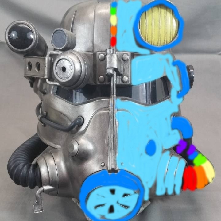 3DPrintNerd's tweet photo. Working on a rough color mockup for my daughter's #MLP Rainbow Dash themed T-45 #PowerArmor helmet! #3Dprinting #Fallout https://t.co/Ip1oNQ5XE0