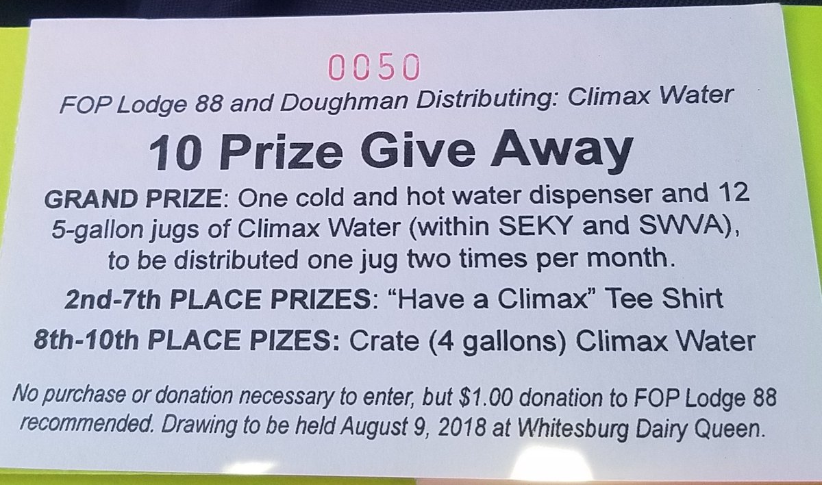 DoughmanDistrib's tweet photo. Contact any member of @PineMountainFOP for chances. Free chance given to residential or office customers, with purchase of #ClimaxSpringWater in our service area.
Call (606) 634-4858, from 9-6 M-SA. https://t.co/6rsAdBi3UI