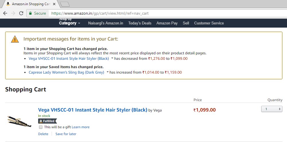 naisuonly's tweet photo. @amazonIN I ordered item "Vega VHSCC-01 Instant Style Hair Styler (Black) by Vega" on 10th of july 2018. Rs.1349 was paid by credit card. The order has not been plaved yet, the item is still in the cart. Attaching the screenshots of credit card bill and SMS of transaction. https://t.co/hIIFFe91M8