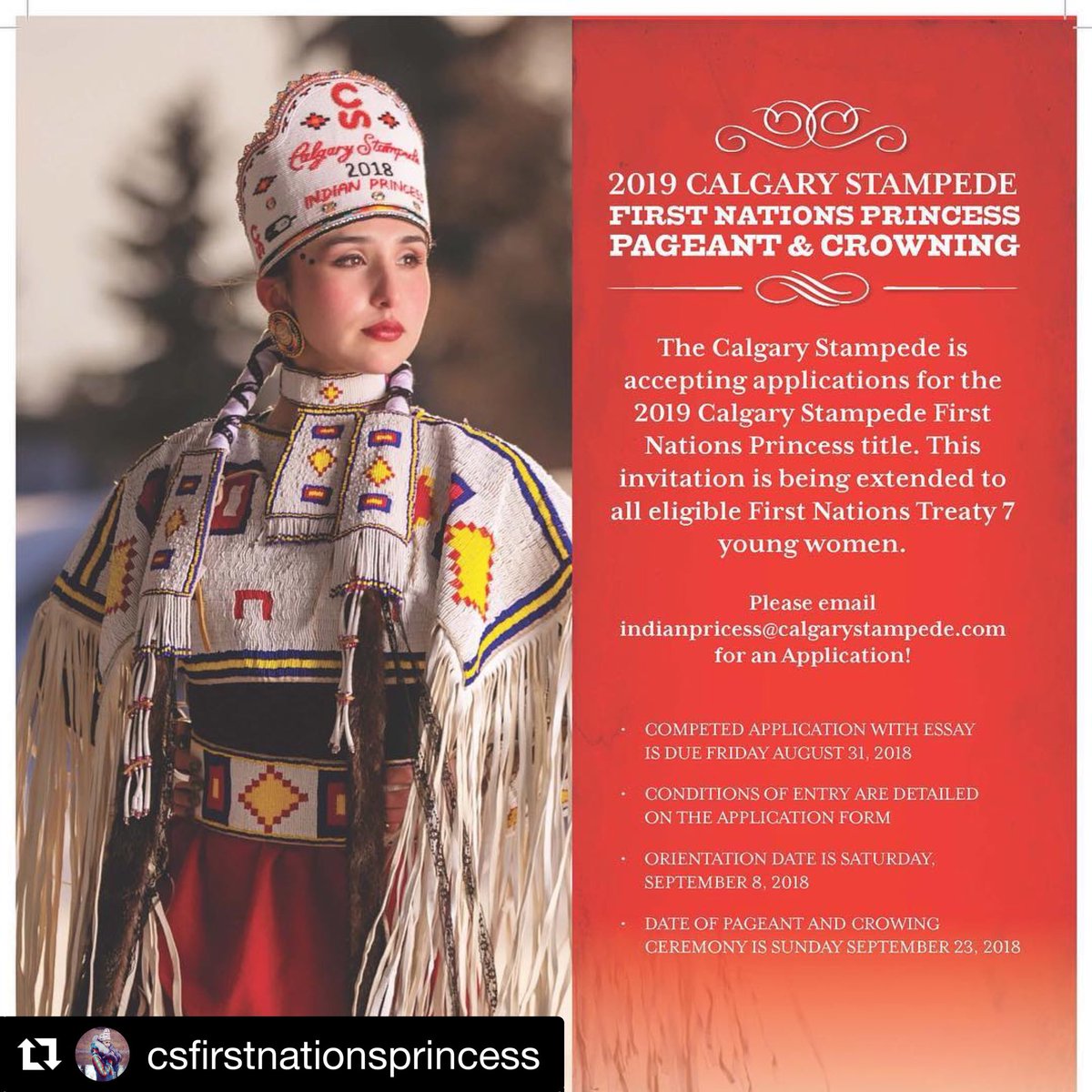 LowaBeebe's tweet photo. #Repost @csfirstnationsprincess
・・・
We are now accepting applications for the 2019 Calgary Stampede First Nations Princess title. Please email indianprincess@calgarystampede.com for an application!! @cselbowrivercamp @calgarystampede https://t.co/NAJBStQPxL