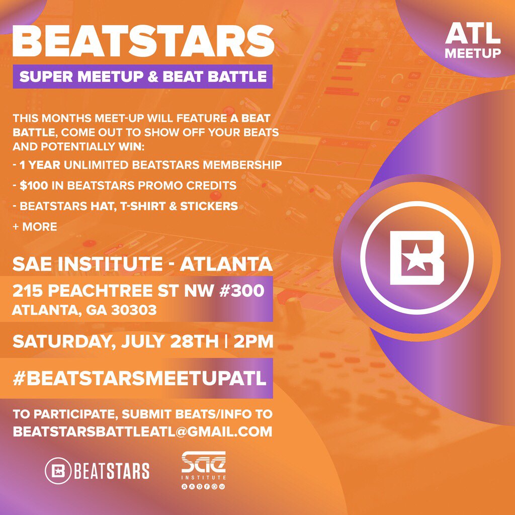 BeatStars's tweet photo. This months #BeatStarsMeetUpATL is a SUPER Meetup ๐๐ช
We will be holding a Beat Battle at the #BeatStarsMeetup on July 28th, 2PM at @SAEAtlanta ๐ฏ
To participate, submit beats/info to beatstarsbattleATL@gmail.com. Shout-out, @BubbaGotBeatz! https://t.co/uxcay4yNdQ