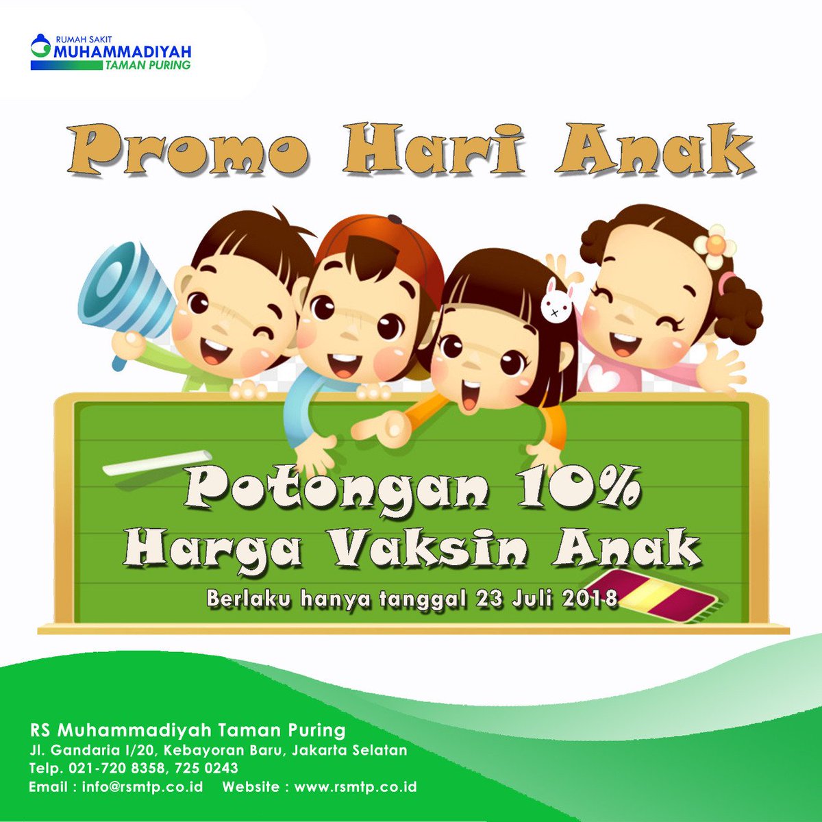 RSMTP's tweet photo. Dalam rangka Hari Anak Nasional, ada promo yang dinanti Ayah Bunda niyh.. Ada "Potongan 10% Harga Vaksin Anak". Jangan sampai terlewatkan ya untuk vaksinasi putra-putrinya di RSMTP pada hari Senin, 23 Juli 2018. Ada Goodie bag menarik juga lho.. https://t.co/pEmYQuHj0L