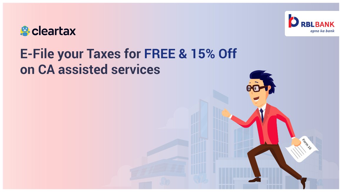 rblbank's tweet photo. Now don’t miss the #TaxReturns filing deadline. E-file your Tax Returns for FREE & avail flat 15% discount on CA assisted services on https://t.co/2wWqONo1PW using your RBL Bank Debit/Credit Card: https://t.co/7Rxh4I7NLY
#EFileTaxReturn #IncomeTaxFiling #TaxReturnOnline #ClearTax https://t.co/A0i1RksHuy