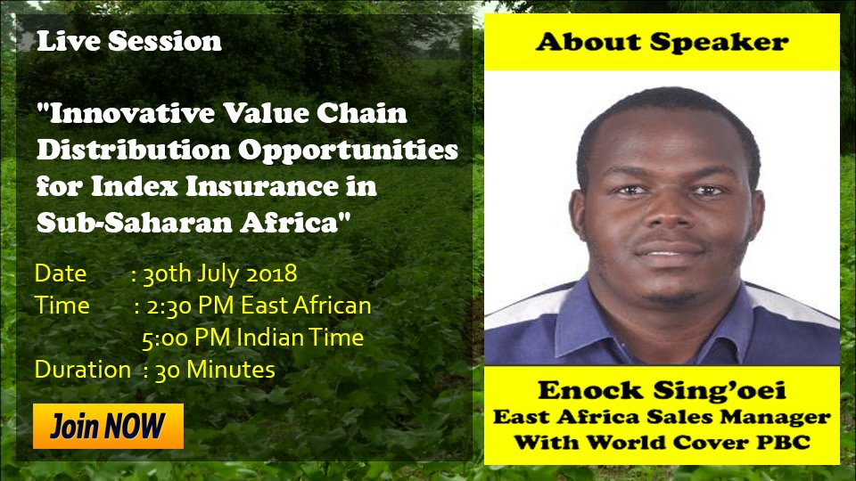 WeatherSecure's tweet image. We would like to invite you for an exclusive webinar session on Innovative value chain distribution opportunities for index insurance in Sub-Saharan #Africa on 30th July 2018 at 02:30 PM EAT Time (5:00 PM Indian Time) 

zoom.us/webinar/regist…

#agriculture #India