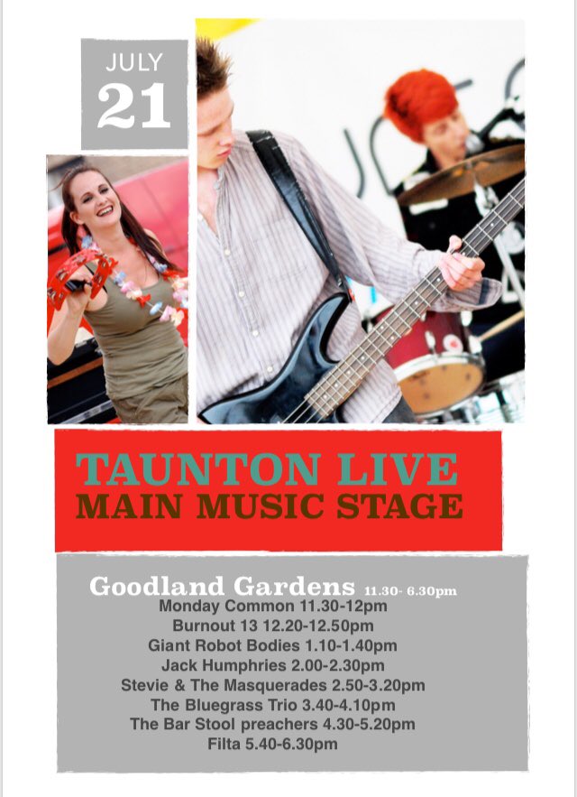 LiveTaunton's tweet photo. Itโs #Today ๐๐๐ so much going on in #Taunton today for #TLive2018 11-7pm check out the website https://t.co/sFJomjKMiW or pop along to our information point on Goodland Gardens to find out more #ArtsFestival #Free #Somerset #VisitTaunton #WhatsOnSomerset
@GoCreateTaunton https://t.co/swppKuSce0