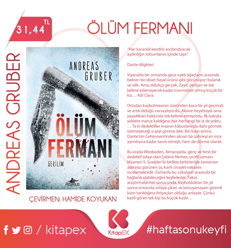 kitapex's tweet photo. Andreas Gruber - Ölüm Fermanı

#andreasgruber #ölümfermanı #kitap #book #yeni #yenikitap #indirim #sale #tanıtım #newbook #korku #gerilim #roman #cumartesi #haftasonu #haftasonukeyfi #turkishbook #kitapaşkı #21temmuz https://t.co/IN89DCyyzD