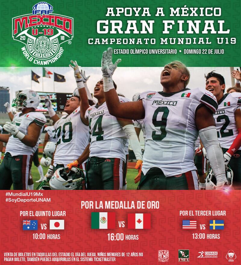 Los esperamos este domingo 22 de julio...Gran Final 🇲🇽 vs 🇨🇦 por la de 🥇 recuerden que México va como visitante lo que significa que saldremos de jersey blanco y estaremos en la banca del lado del pebetero en el Estadio Olímpico Universitario #JuntosSomosU19