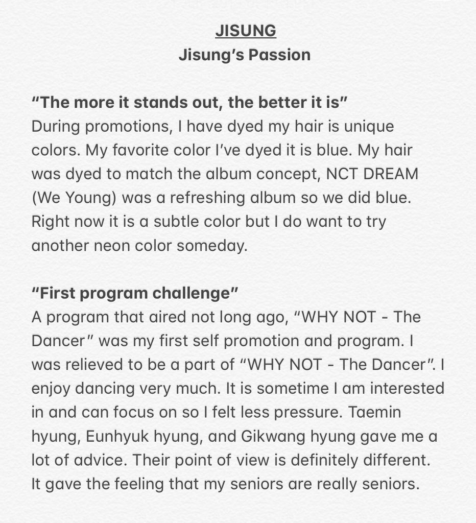  #JISUNG  's interview for arena homme+ in 2018 talking about his passion for dance: "ever since i was a baby, i liked rhythm. besides rhythm, the first memory i have of dancing was when i was in grade 1 of elementary school"