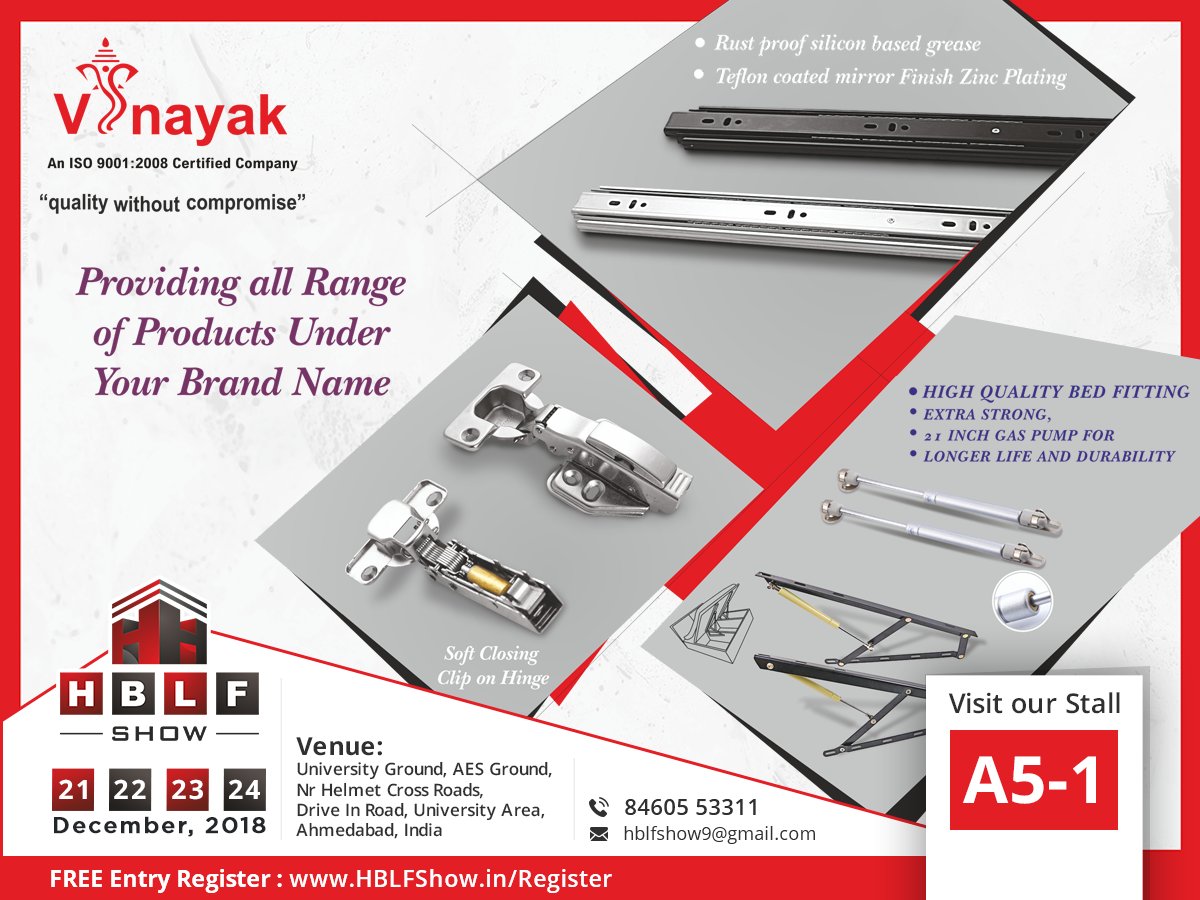 HBLFShow's tweet image. Vinayak Channel , a brand of Drawer Slides, Auto Hinges &amp;amp; Bed Fittings, will be exhibiting its products in @HBLFShow 2018. Kindly visit its stall to explore amazing fitting solutions. 
Register for Free Entry: hblfshow.in/register
#DrawerSlide #AutoHinge #BedFittings