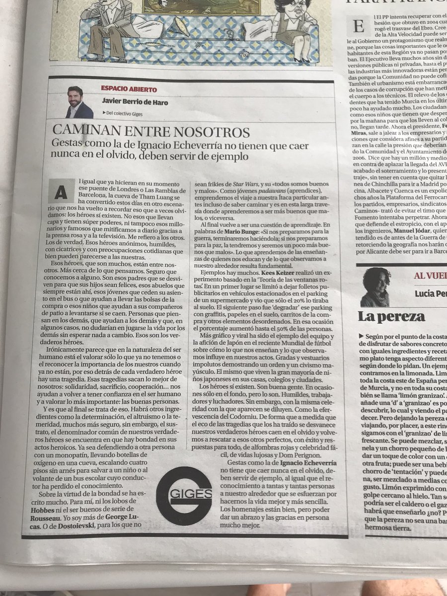 Ayer nuevo artículo en <a href="/diariolaopinion/">La Opinión de Murcia</a> con el <a href="/grupogiges/">grupogiges</a> Un pequeño homenaje a tantas y tantas personas que hacen de éste un mundo mejor #caminanentrenosotros #taae #buenaspersonas  Aquí está el link laopiniondemurcia.es/opinion/2018/0…