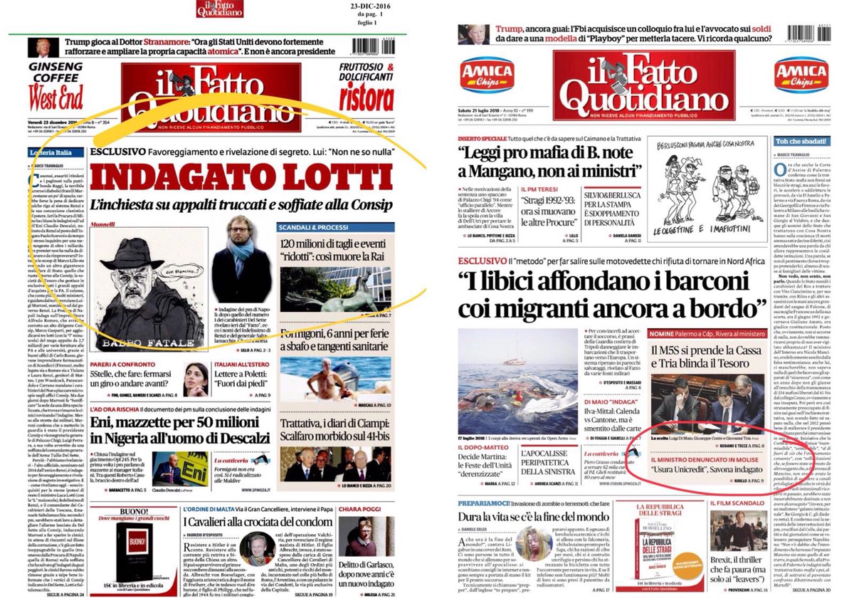 SimonaMalpezzi's tweet photo. Due ministri, due procedimenti identici, due presunti reati, due prima pagine dello stesso giornale: la prima di qualche anno fa, la seconda di oggi con #Savona indagato per usura bancaria. Siamo garantisti con buona memoria. Si chiama #doppiamorale. Si chiama #fangoquotidiano. https://t.co/yPtfft8ejg