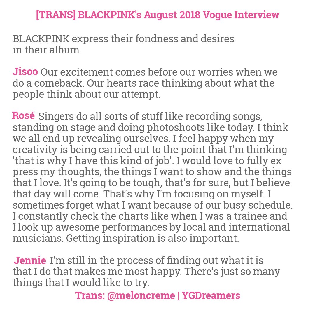 meloncreme's tweet photo. [TRANS] BLACKPINK's August 2018 Vogue Interview 1/3

Trans: @meloncreme | @YGDreamers

Read: https://t.co/RbpxCd5ggA
 
#BLACKPINK #블랙핑크 #JENNIE #제니 #JISOO #지수 #LISA #리사 #ROSE #로제 #젠츄리챙 @ygofficialblink https://t.co/xlKNhZL6lM