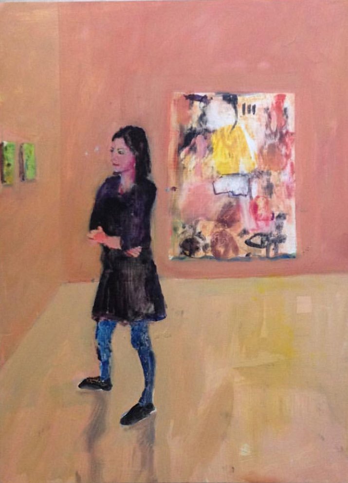 Transitionart's tweet photo. We are closed for our summer break. See you all in September (look out for an announcement of our autumn winter programme v soon). This painting by @mikebartlett1 shows @Transitionart director @CathyLomax in the gallery alongside a painting by #RoseWylie https://t.co/KAn14nhysE