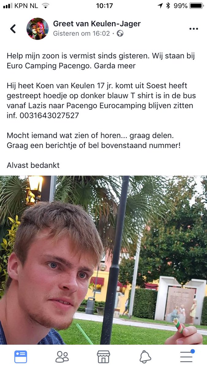De #vermissing betreft een klasgenoot #KoenvanKeulen van mijn dochter Flore. Kijk naar hem uit in #Italië #Gardameer en retweet!