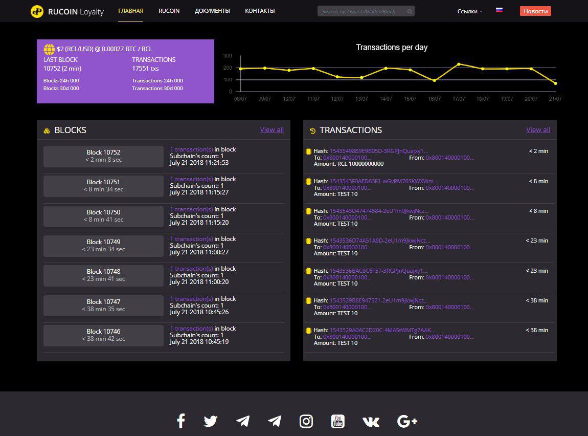 explorer.ru-coin.com
Explorer beta доделан и запущен! 
Пользователи  могут пересылать токены Rucoin и AvaGo друг другу мгновенно. История  транзакций отображается в Explorer.  В данный момент транзакции  бесплатны. 
Так же сделано очень быстрое подтверждение по смс и email.
