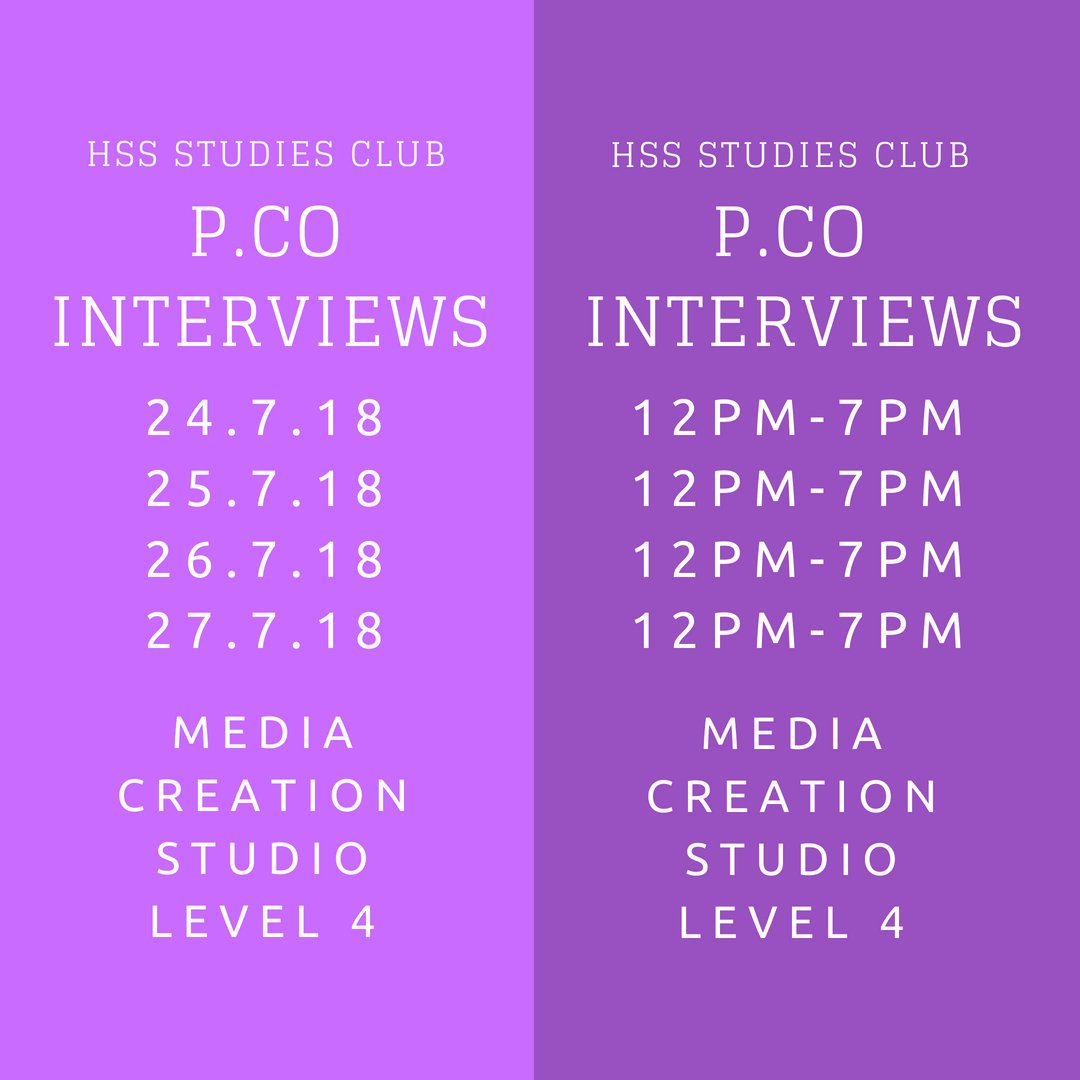 HSS_SC's tweet photo. Hello HSS! Our Project Coordinator (https://t.co/jyWGCa9YiV) interviews are coming soon!

📆Date: 24-27 July 2018 
🕑Time: 12pm-5pm (5pm-7pm slots will prioritise interns)
📍Venue: Media Creation Studio, EW Level 4
⭐️Remember your application form! 

We'll see you there! 🤗 https://t.co/rTCdB0HVcH