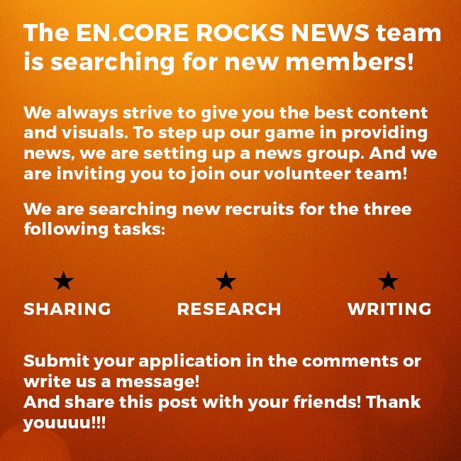 EncoreRocksYou's tweet photo. The EN.CORE ROCKS NEWS team is searching for new members!

Let’s reach the next level together!♥️

Find all information here: https://t.co/U7LmldKCon

Just two month to go for our third anniversary!! 😬
#encorelove #encorerocksyou https://t.co/EjeCiasg57