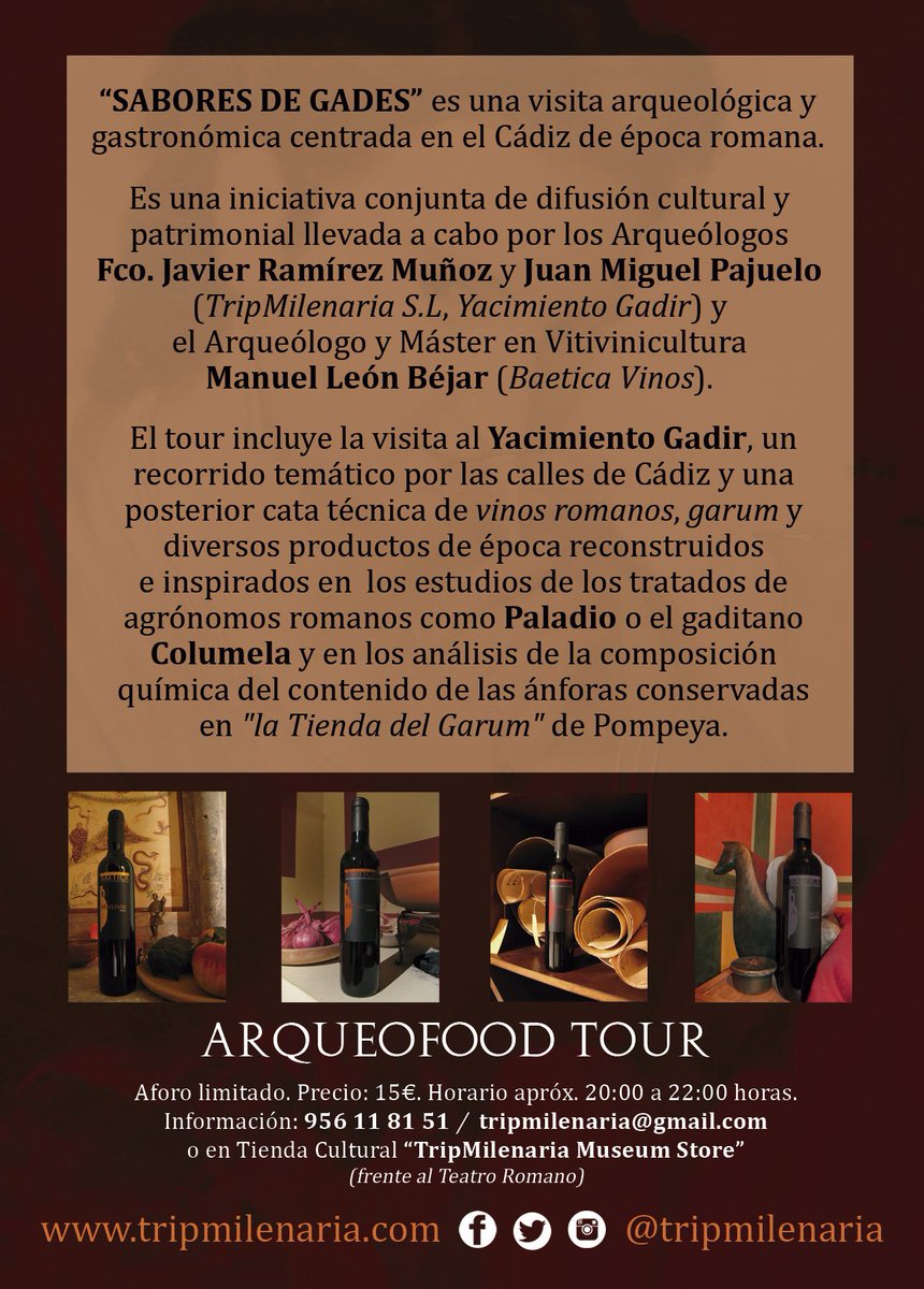 Tras la buena acogida de las Rutas Culturales + Gustatio de vinos romanos y maridajes, nuestro #FoodTour se queda con nosotros todos los jueves hasta el próximo Septiembre. 
¡Anímate a descubrir, y saborear, los secretos de las cocinas de la Antigua Roma!
