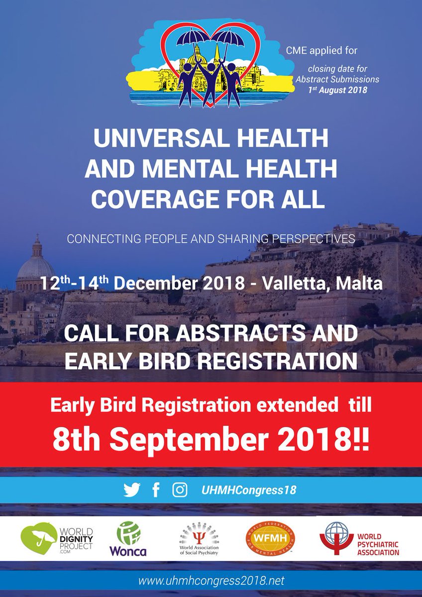 Please come to showcase your work and also spread the news.

Click on this link uhmhcongress2018.net/abstracts.html to submit your abstracts.

Mental health is for all. Be a part of the movement.

<a href="/UHMHCongress18/">Universal Health mental Health</a> <a href="/WoncaEurope/">WONCA Europe</a> <a href="/WPA_Psychiatry/">World Psychiatric Association (WPA) wpanet.org</a> <a href="/WHO/">World Health Organization (WHO)</a> @WHOCCLille