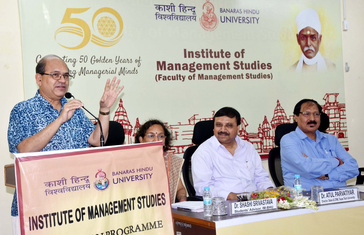 VCofficeBHU's tweet photo. "You are privileged to have got admission in this University founded by a great visionary Pt. Madan Mohan Malaviyaji. Here, you all must apperceive values and ethics to build your character along with your career."  VC, BHU at Induction Programme of Instt. of Management Studies. https://t.co/7o1UJgKSYr