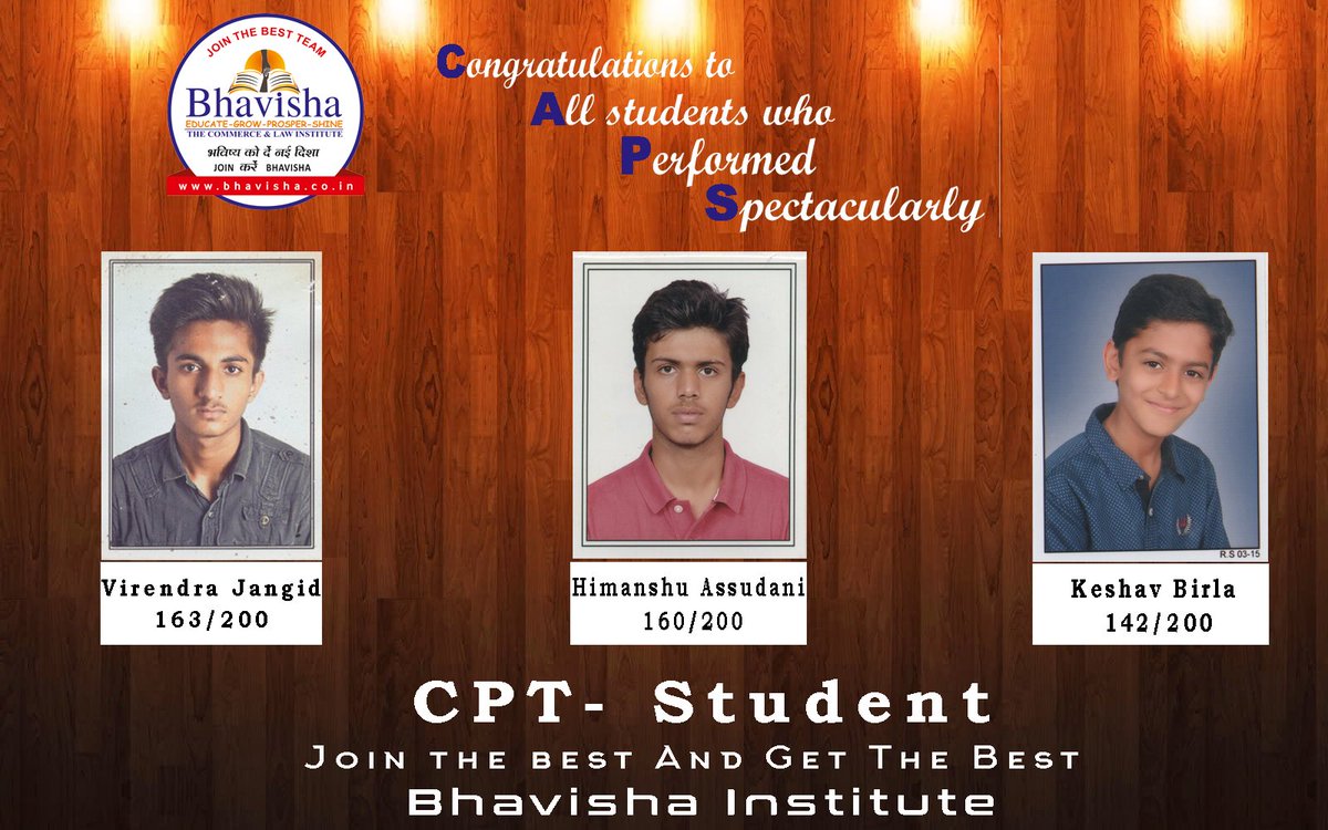 BhavishaI's tweet photo. congratulations for passing CPT exam... Top 3 Student
Bhavisha Institute https://t.co/2qxaj4nu2S