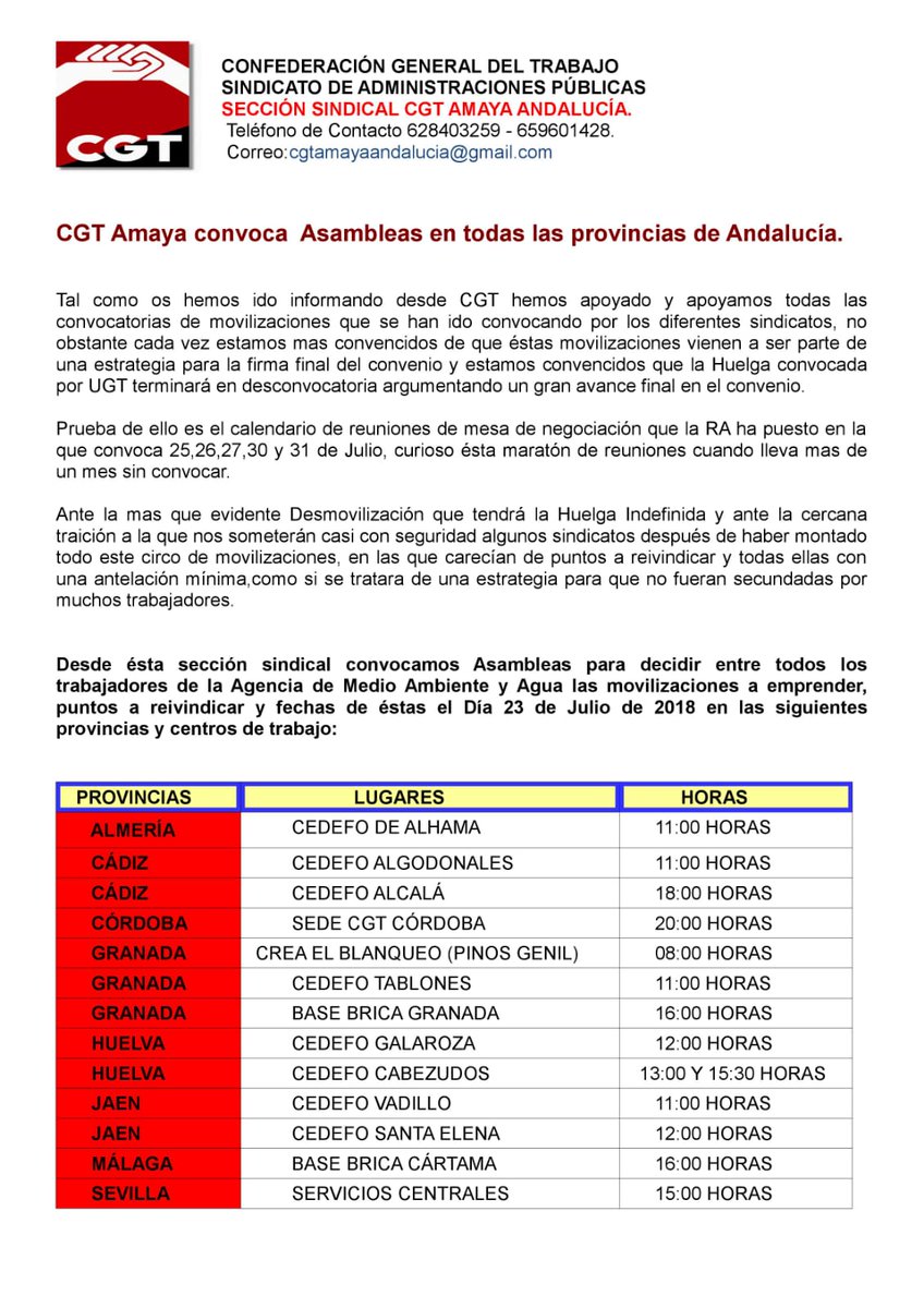 javibotin's tweet photo. CGT Amaya convoca Asambleas el 23 de Julio DE 2018 en todas las provincias de Andalucía. https://t.co/3SCef6PONK