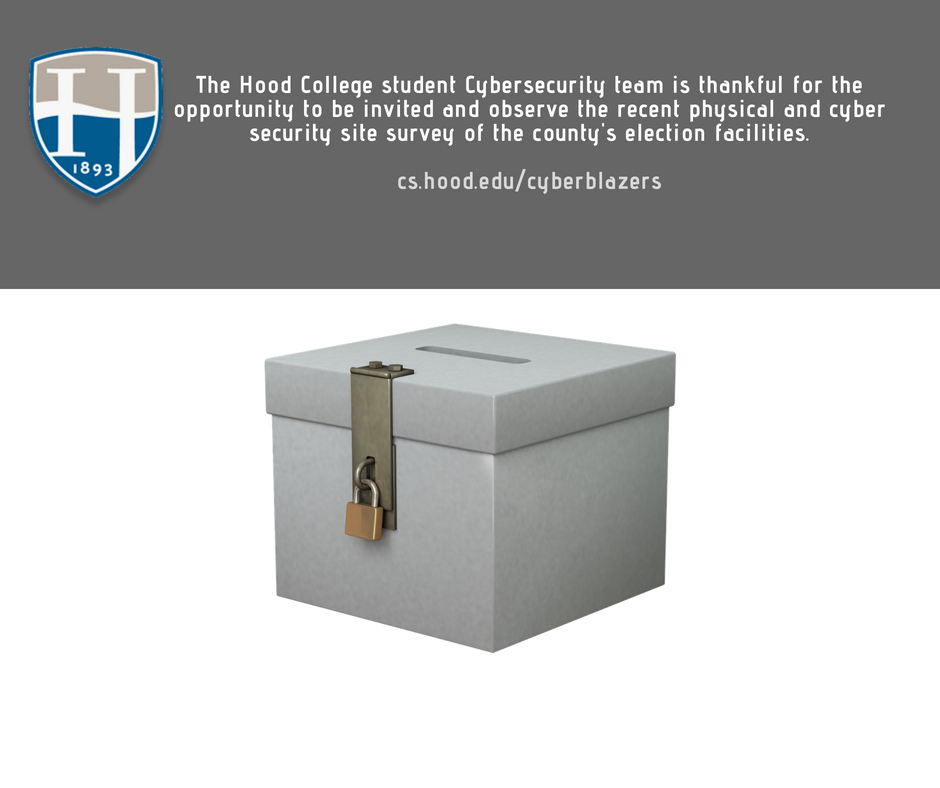 hoodgradschool's tweet photo. Hood College computing and cyber students – invited to observe a DHS review of Frederick County’s election facilities. #HoodCyber #HoodProud #Elections https://t.co/CuTurFmQxd