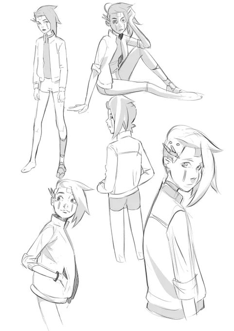 Some character development sketches of Arai, a cyberpunk character for animation 