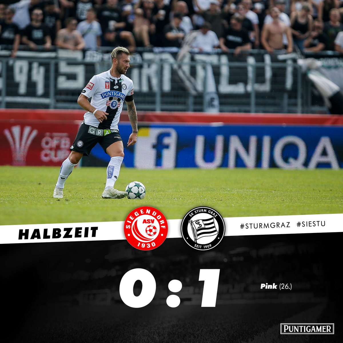 SKSturm's tweet photo. Die Schwarz-Weißen gehen mit einer 1:0-Führung in die Halbzeitpause. ⚫️⚪️
______________    
0️⃣:1️⃣ #SIESTU | ⏱ HT | 📺: ORF eins (HD) | #sturmgraz #oefbcup https://t.co/cmnujPicsC