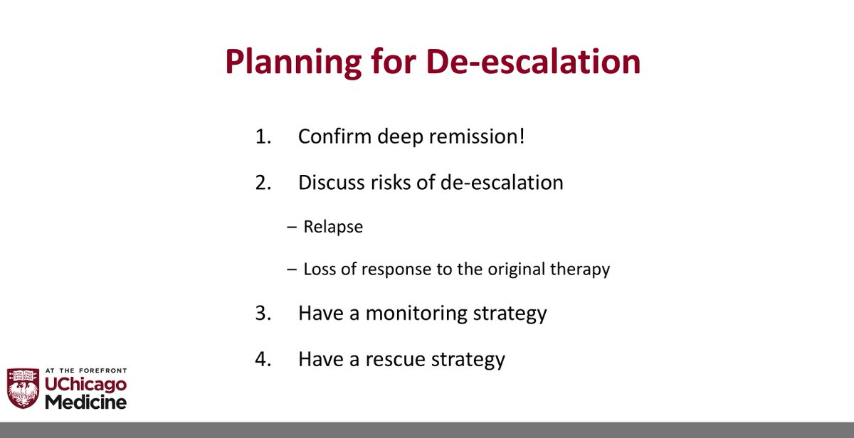 IBDMD's tweet photo. My talk, "When and How to De-escalate Therapy" covered steps for planning de-escalation, but knowing the risks and monitoring are key. Careful patient selection is critically important. #CCIBD18 @UChicagoIBD https://t.co/TxLB8OhZE7