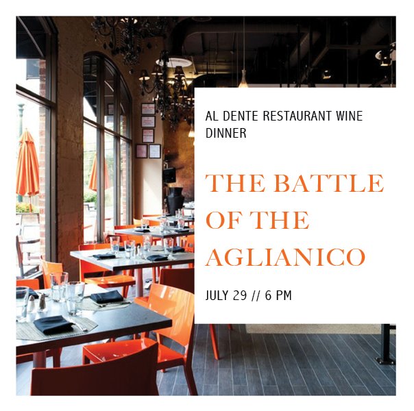 Try Aglianico-based #wine &amp; #food from both Basilicata + Campania in a “head to head” competition to explore their subtle differences. Can you declare a #winner? Either way, you’ll win with his delicious #4-course #Italian dinner! <a href="/BEBONE61/">juki17@</a> #AlDenteDC ow.ly/LBmz30kHMHi