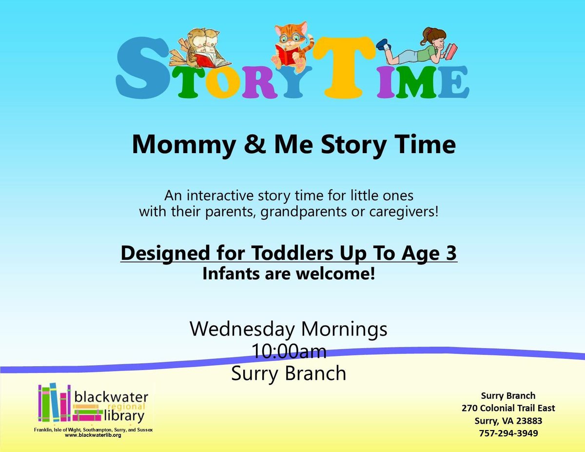 blackwaterlib9's tweet photo. Need something to keep the little one busy this summer?  Stop by the Surry Branch for storytime! #brl9 https://t.co/BcY8j91tB0