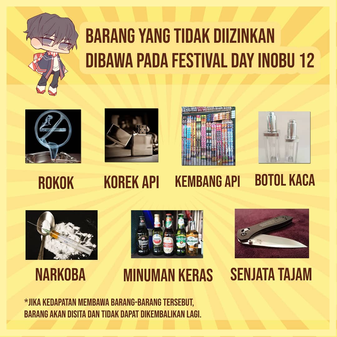 Ohayou minasan🌞

❌⚠Demi kelancaran seluruh rangkaian acara Festival Day INOBU 12 nanti, kami menghibau seluruh pengunjung untuk mematuhi peraturan yang telah kami tentukan⚠❌

Arigatou, sampai bertemu pada Festival Day🙏👋