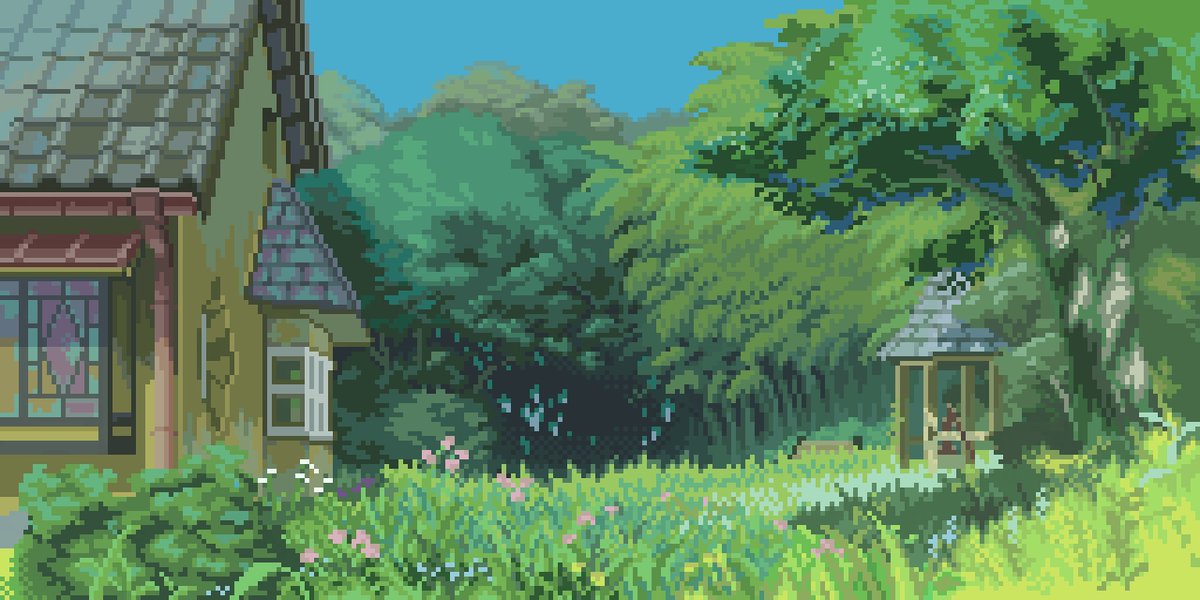 タテヤマトジル ドット絵背景練習 借りぐらしのアリエッティ より ざっくり二日かけて遂に完成 サイズ 128 256pixel 作業時間 およそ１５時間 作業中に聴いてた音楽 ジブリピアノメドレー Pixelart ドット絵 ドット背景 ドット ジブリ T